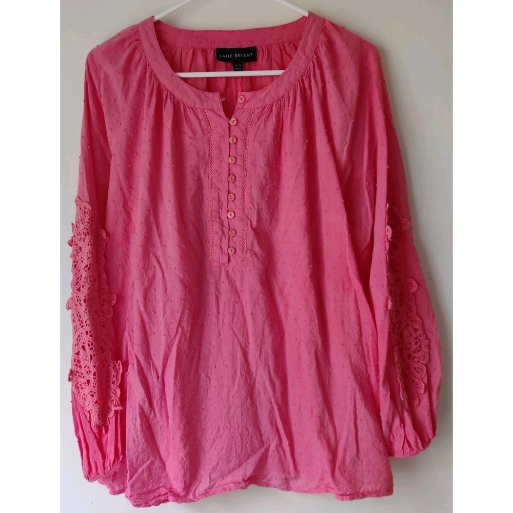 Lane Bryant Women's Tunic Top Long Crocheted Balloon Sleeve Coral Size 14/16